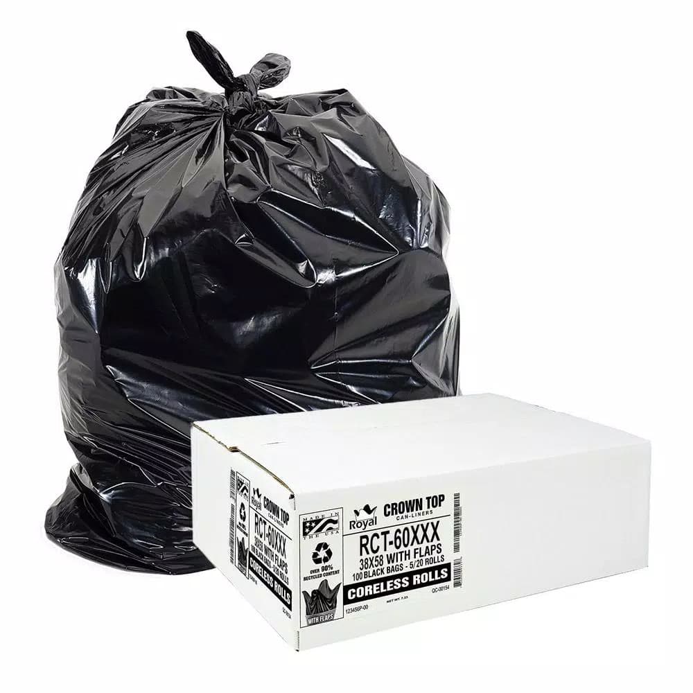 Unbranded 55-60 Gallon Black Low Density EZ Closure Trash Bags, 1.5 Mil, 100-Count