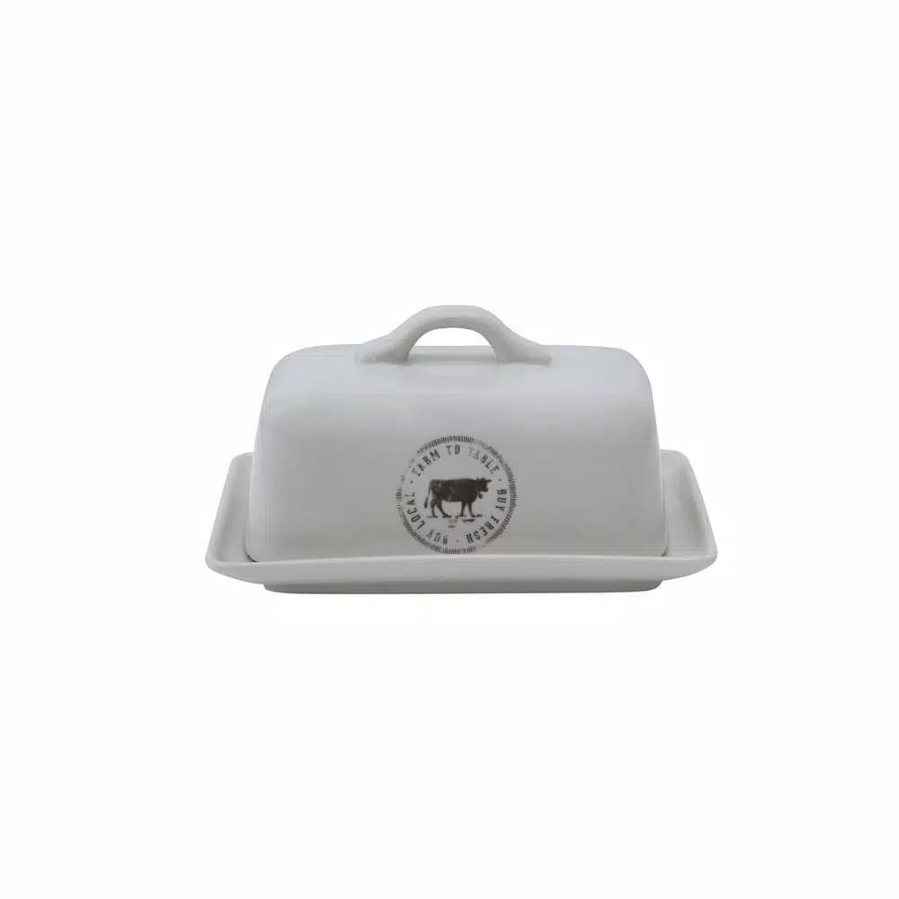 3R Studios White Stoneware Butter Dish Set of 2 - Farm to Table Country Style