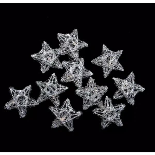 PENN 10-Light Battery Operated Clear LED Spun Glass Star Christmas String Lights - Silver Wire