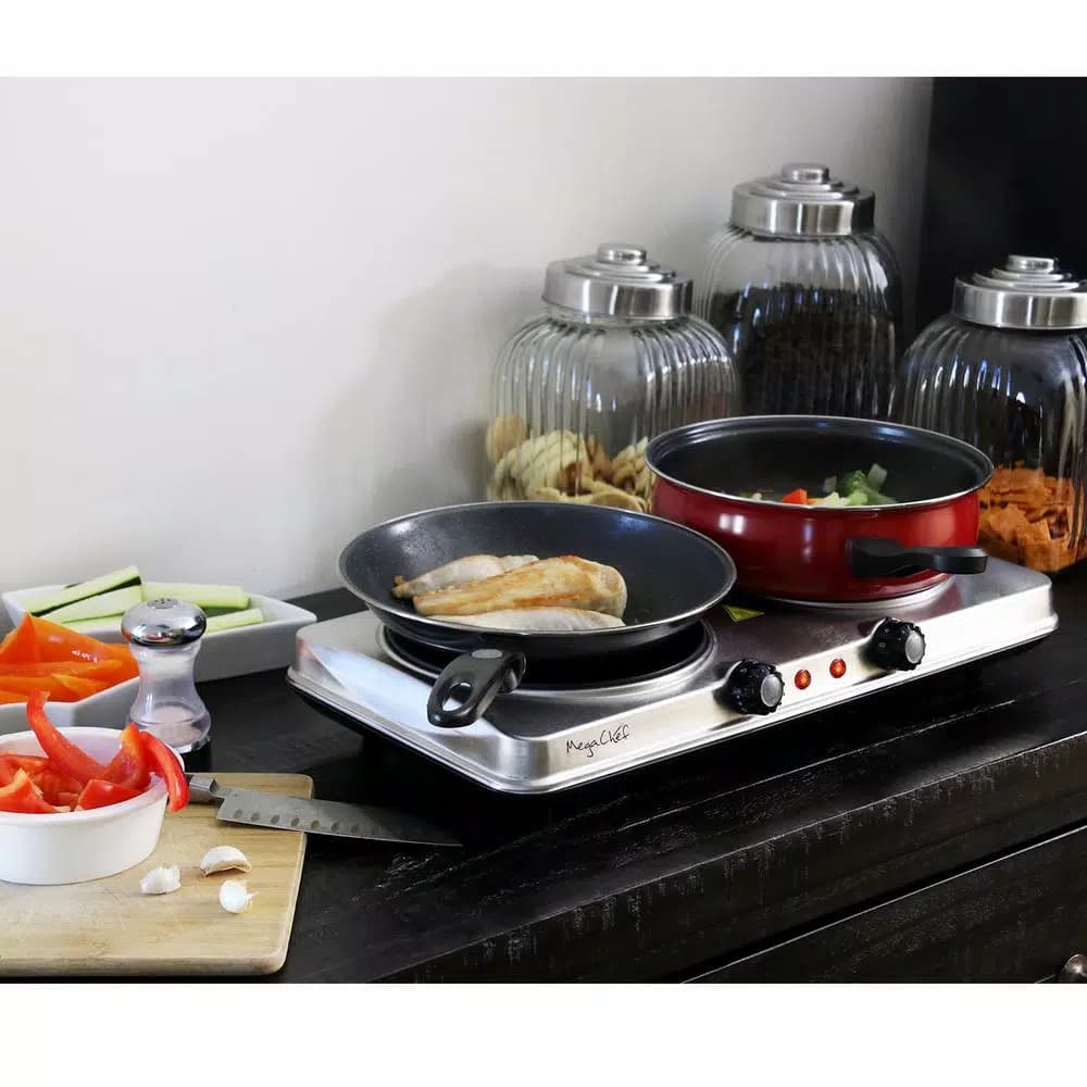 MegaChef 2-Burner Infrared Electric Hot Plate Cooktop, 1700W, Sleek Steel