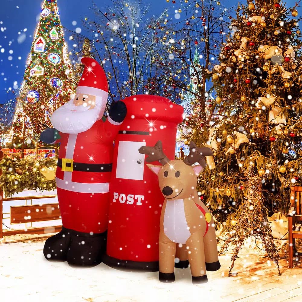 JOYDECOR 6 ft. Santa Claus with Postbox and Reindeer Christmas Inflatable with LED Lights