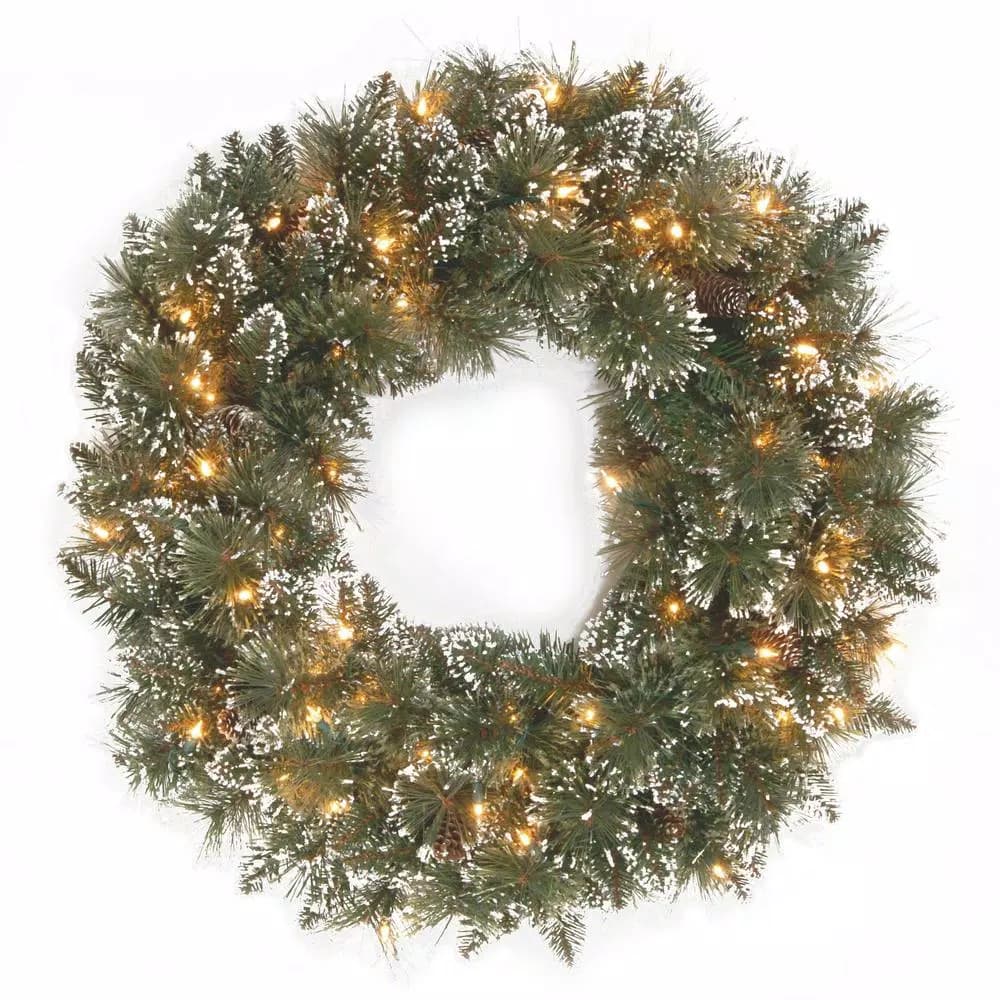 National Tree Company 24 in. Glittery Bristle Pine Artificial Wreath with 50 Clear Lights