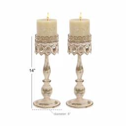 LITTON LANE 14 in. Distressed Ivory Iron Pillar Candle Holders with Filigree Design (Set of 2) thumbnail 6