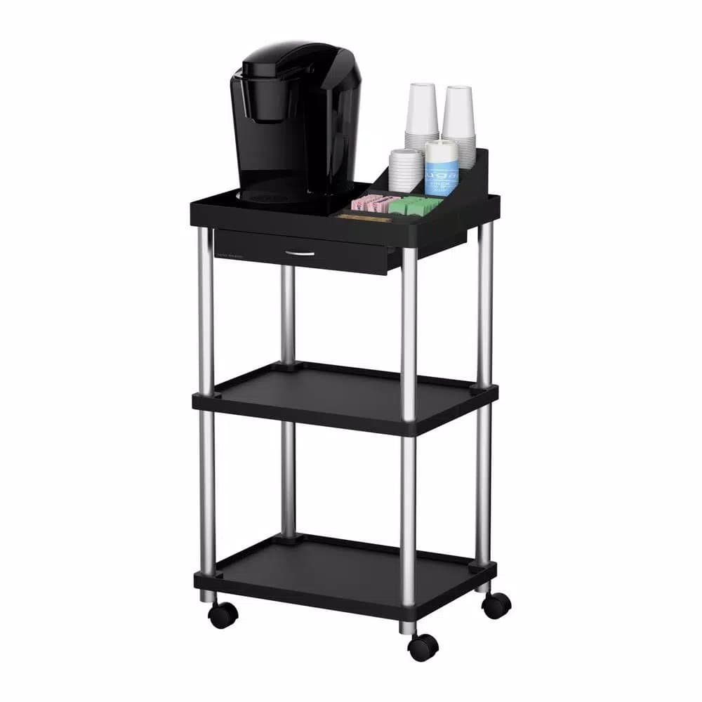 Mind Reader 3-Tier 7-Compartment Rolling Black Coffee Cart with Storage Drawer