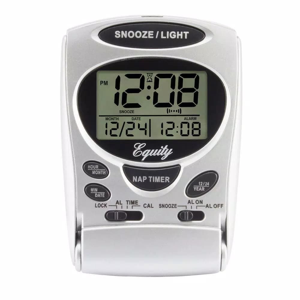 Equity by La Crosse Fold-Up Digital 2.70 in. LCD Travel Alarm Clock with Nap Timer and Backlight, Silver