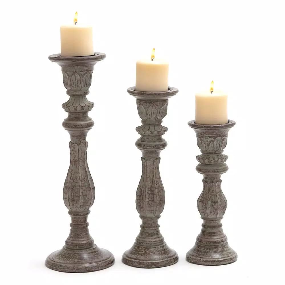 LITTON LANE Rustic Dark Brown Tapered Mango Wood Candle Holder Set of 3