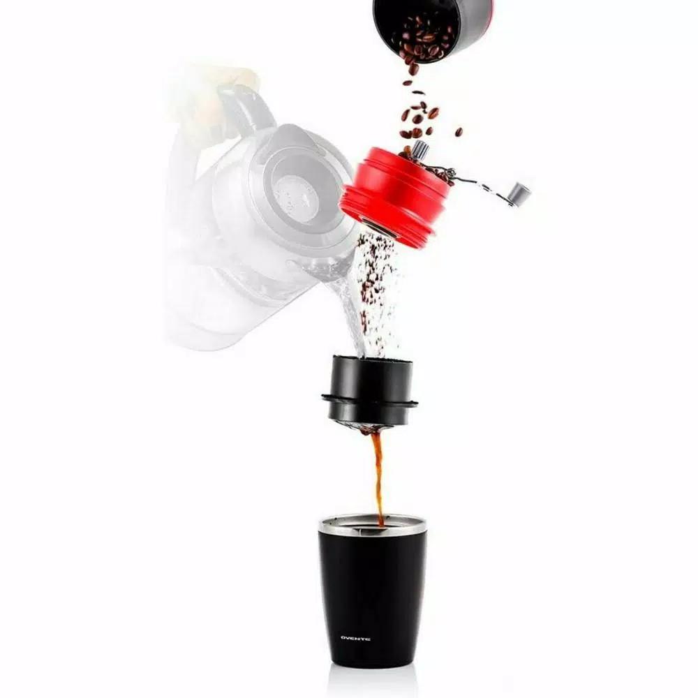 Ovente 2-in-1 Single Serve Coffee Grinder and French Press Maker with Insulated Cup, Red