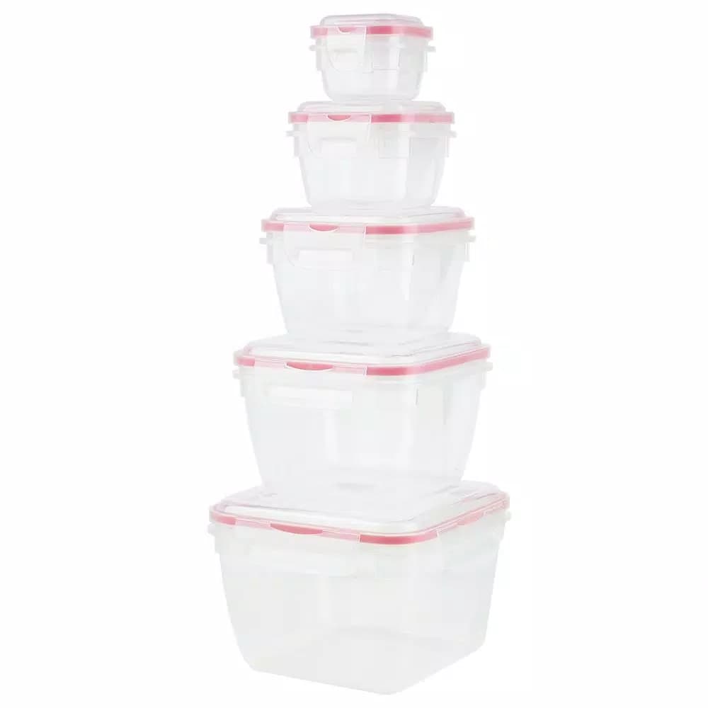 Unbranded 10-Piece Locking Square Plastic Food Storage Container Set with Steam-Vented Lids, Red
