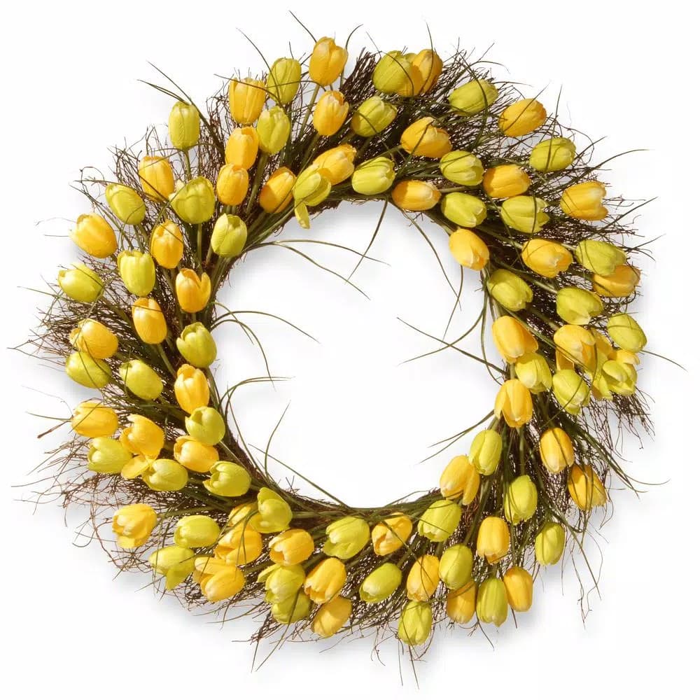 National Tree Company 32 in. Yellow Tulip Wreath - Handcrafted Floral Cottage Style Wreath