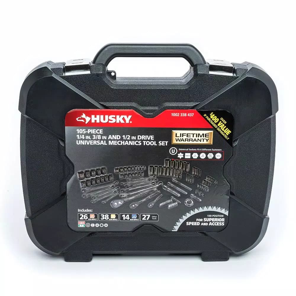 Husky 105-Piece Universal Mechanics Tool Set with 100-Position Ratchets and Knurl Grip Sockets