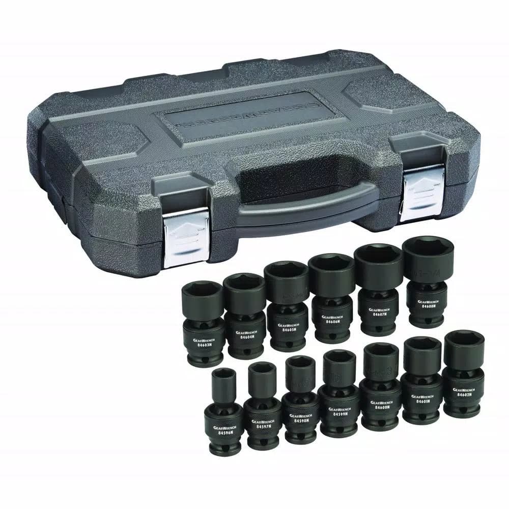 GEARWRENCH 1/2 in. Drive 6-Point SAE Impact Socket Set with Universal Joint, 13-Piece