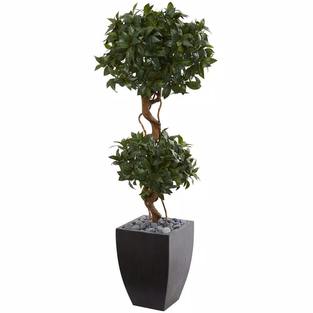 Nearly Natural 4.5 ft. Artificial Sweet Bay Double Topiary Tree in Black Wash Clay Planter