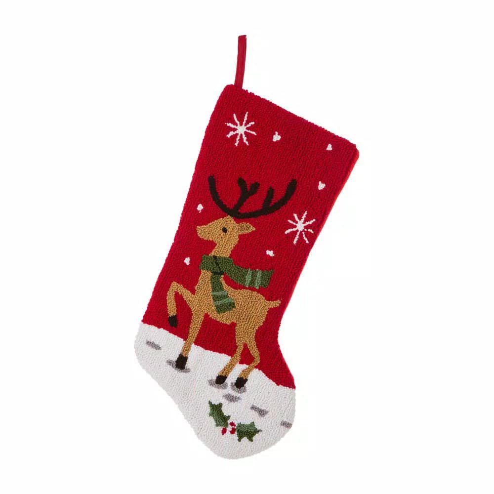 Glitzhome 20 in. Reindeer Hooked Christmas Stockings, Polyester and Acrylic Handcrafted Decor (2-Pack)