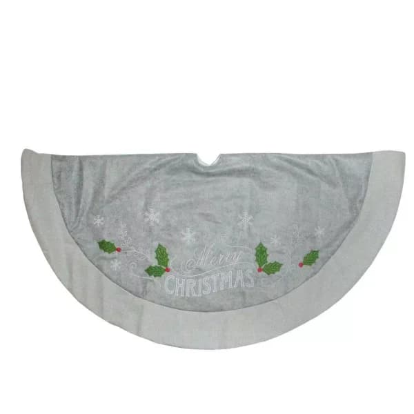 Dyno 48 in. Gray and White Merry Christmas Mottled Felt Tree Skirt with Herringbone Trim