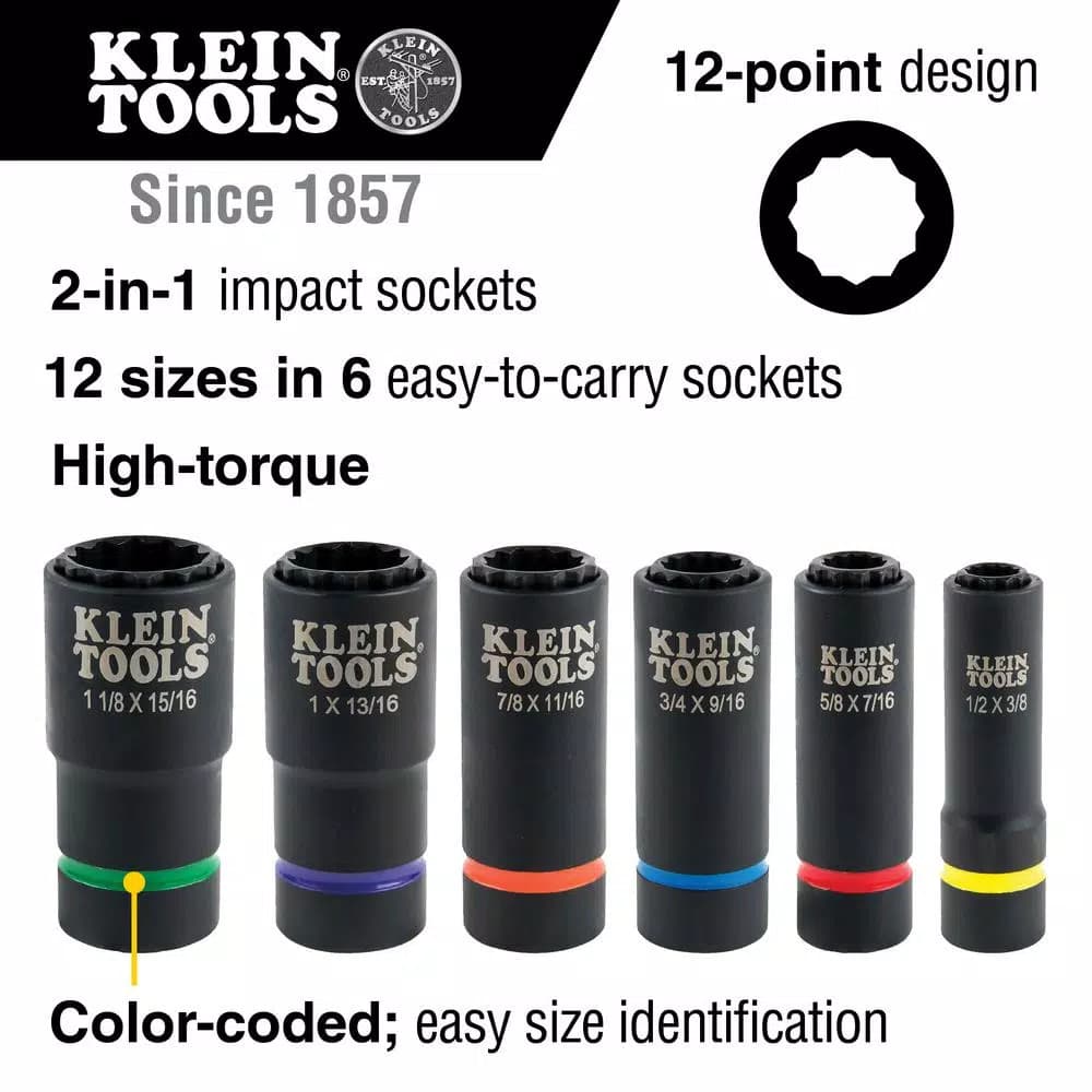 Klein Tools 6-Piece 2-in-1 Deep Impact Socket Set, 1/2 in. Drive, SAE