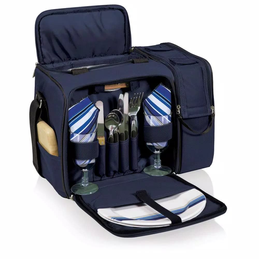 Picnic Time Malibu Navy Wood Picnic Cooler Tote - Insulated Soft-Side Cooler with Deluxe Picnic Service for Two