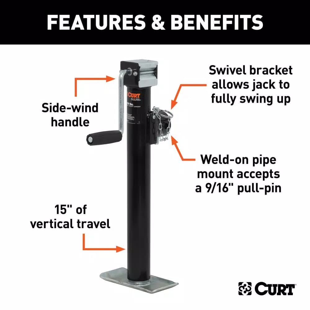 CURT Pipe-Mount Swivel Trailer Jack with Side Handle, 2,000 lbs. Capacity, 15 in. Travel
