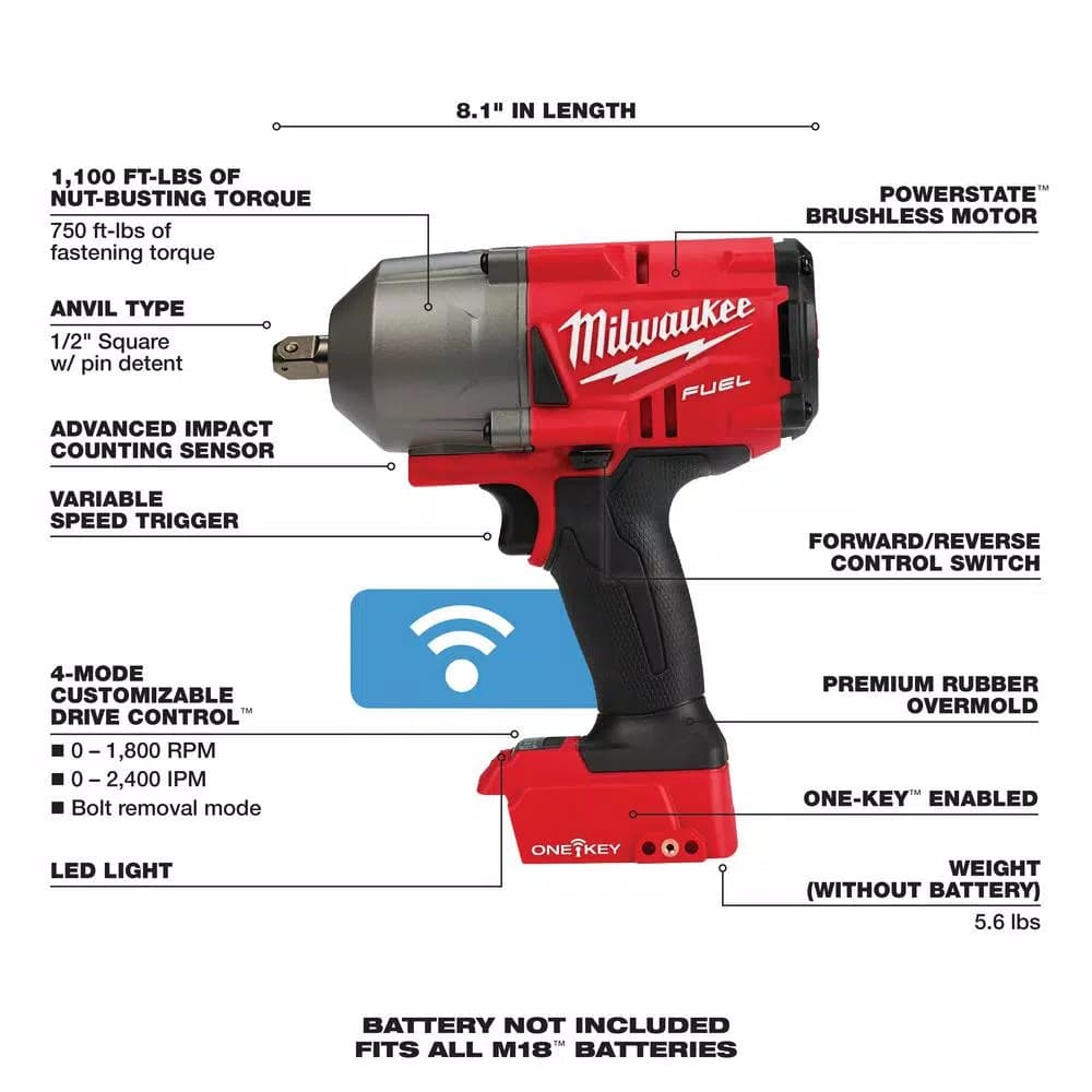 Milwaukee M18 FUEL ONE-KEY 1/2 in. High Torque Impact Wrench with Pin Detent (Tool-Only)