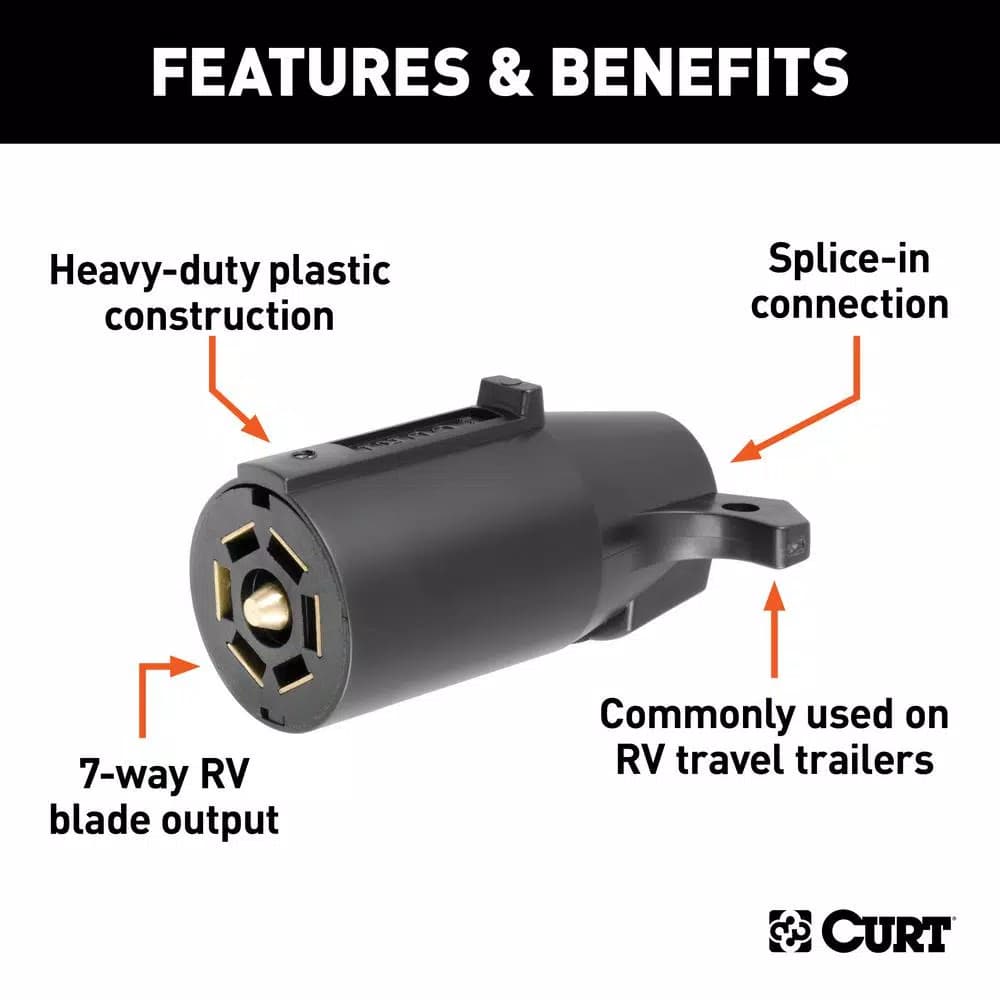 CURT 7-Way RV Blade Connector Plug, Trailer Side, Black Plastic