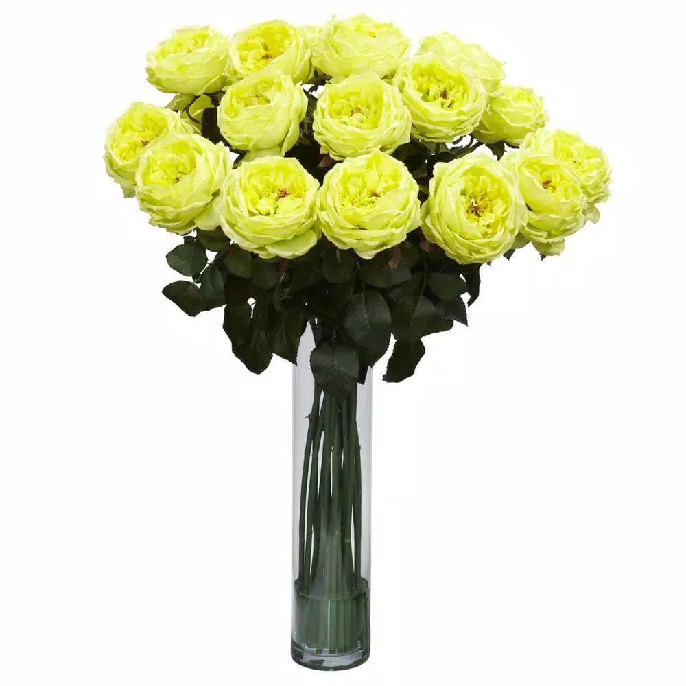 Nearly Natural 31 in. Yellow Fancy Rose Silk Flower Arrangement in Glass Vase with Liquid Illusion