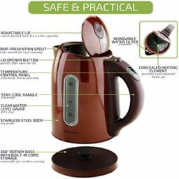 Ovente KS89BR 1.7L Electric Kettle, 5 Temperature Settings, 1100W Cordless Tea Kettle, Brown thumbnail 2