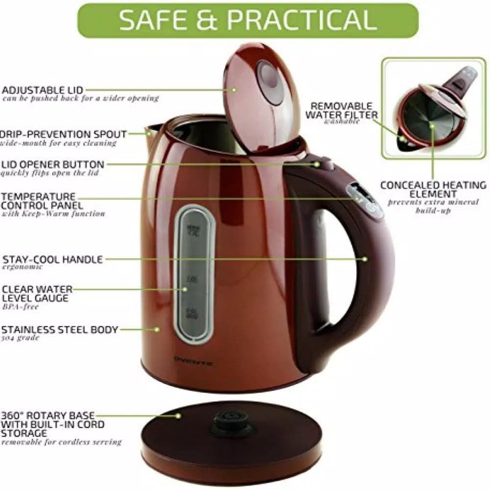 Ovente KS89BR 1.7L Electric Kettle, 5 Temperature Settings, 1100W Cordless Tea Kettle, Brown