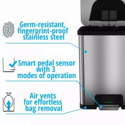 Halo TapCan 13 Gallon Smart Step Pedal Sensor Trash Can, Brushed Stainless Steel with Black Trim thumbnail 5