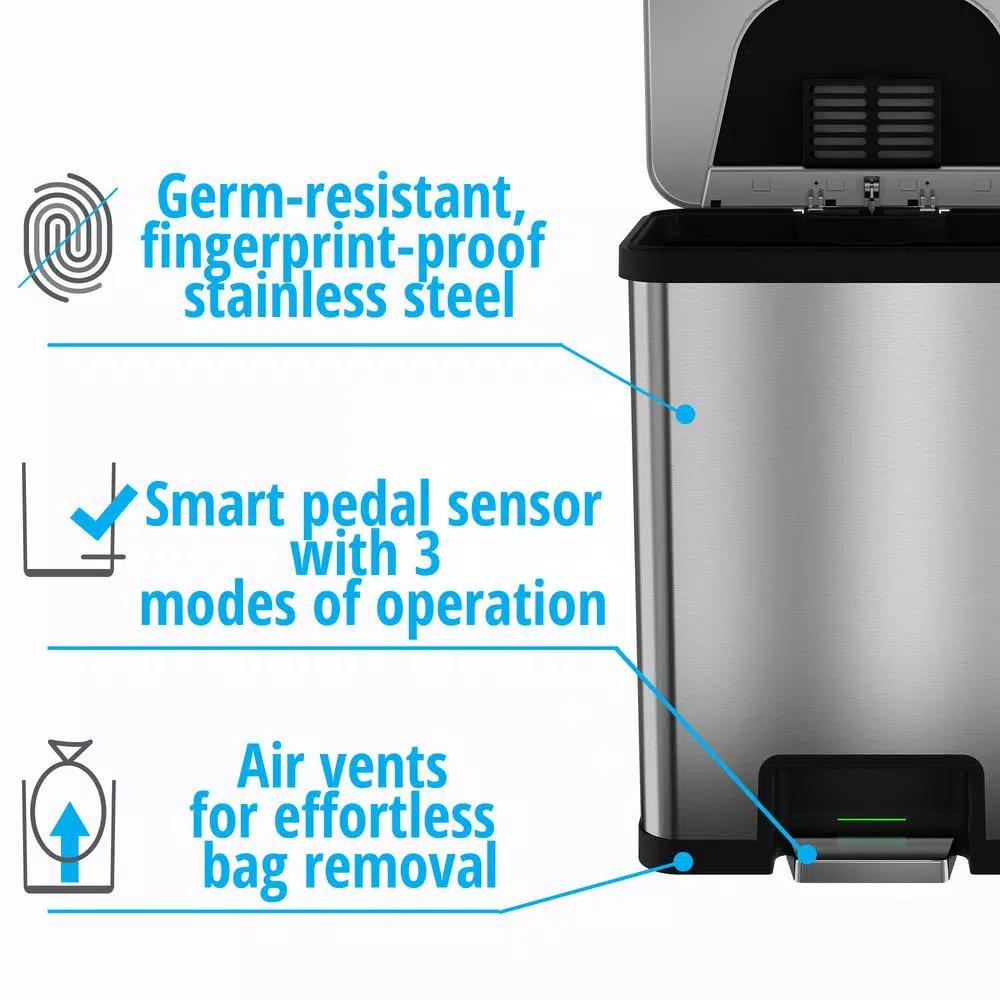 Halo TapCan 13 Gallon Smart Step Pedal Sensor Trash Can, Brushed Stainless Steel with Black Trim