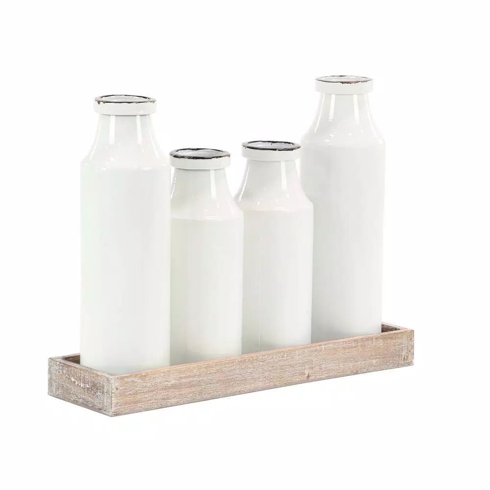 LITTON LANE Rustic Reflections Farmhouse Decorative Wood Tray with 4 Distressed White Milk Bottles