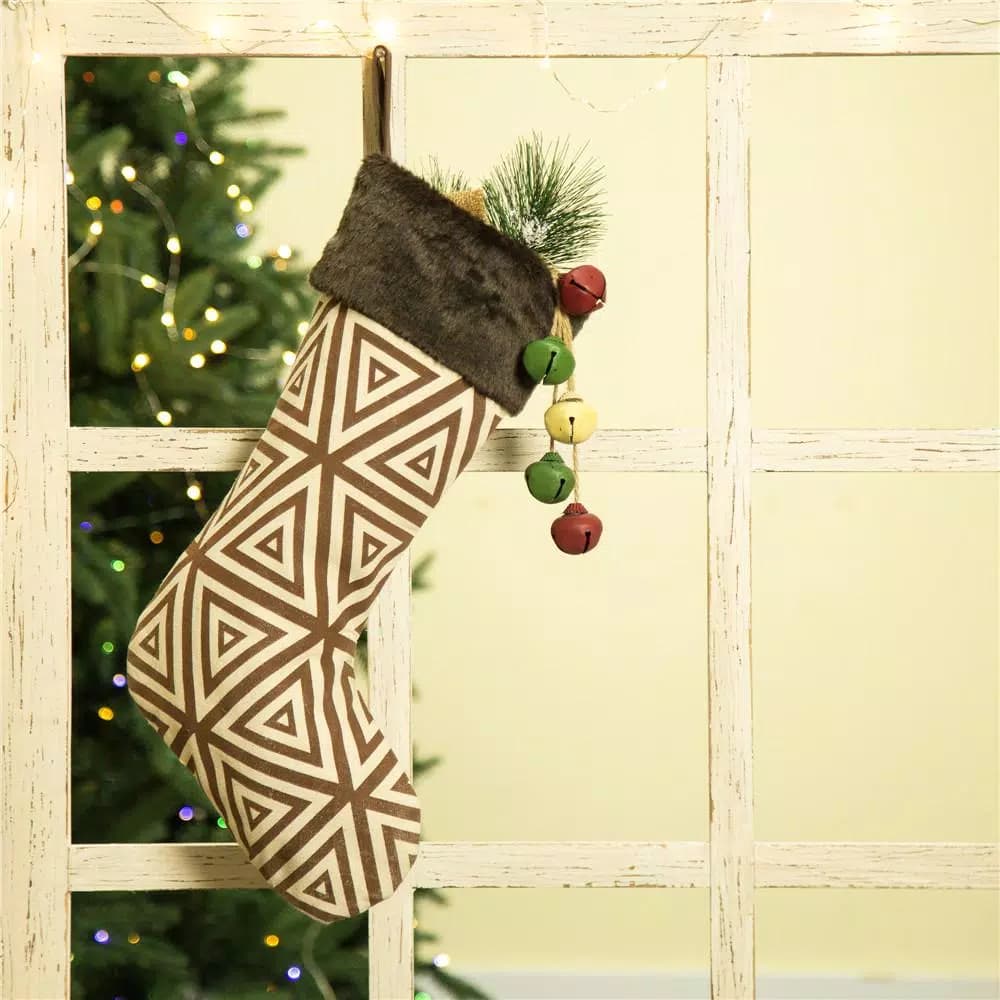 Glitzhome 20 in. Christmas Stocking with Faux Fur Cuff in Natural Brown and White