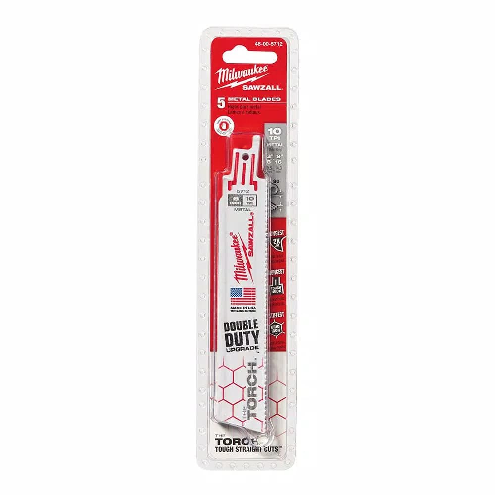 Milwaukee TORCH 6 in. 10 TPI Metal Cutting Reciprocating Saw Blades, Bi-Metal, 5-Pack