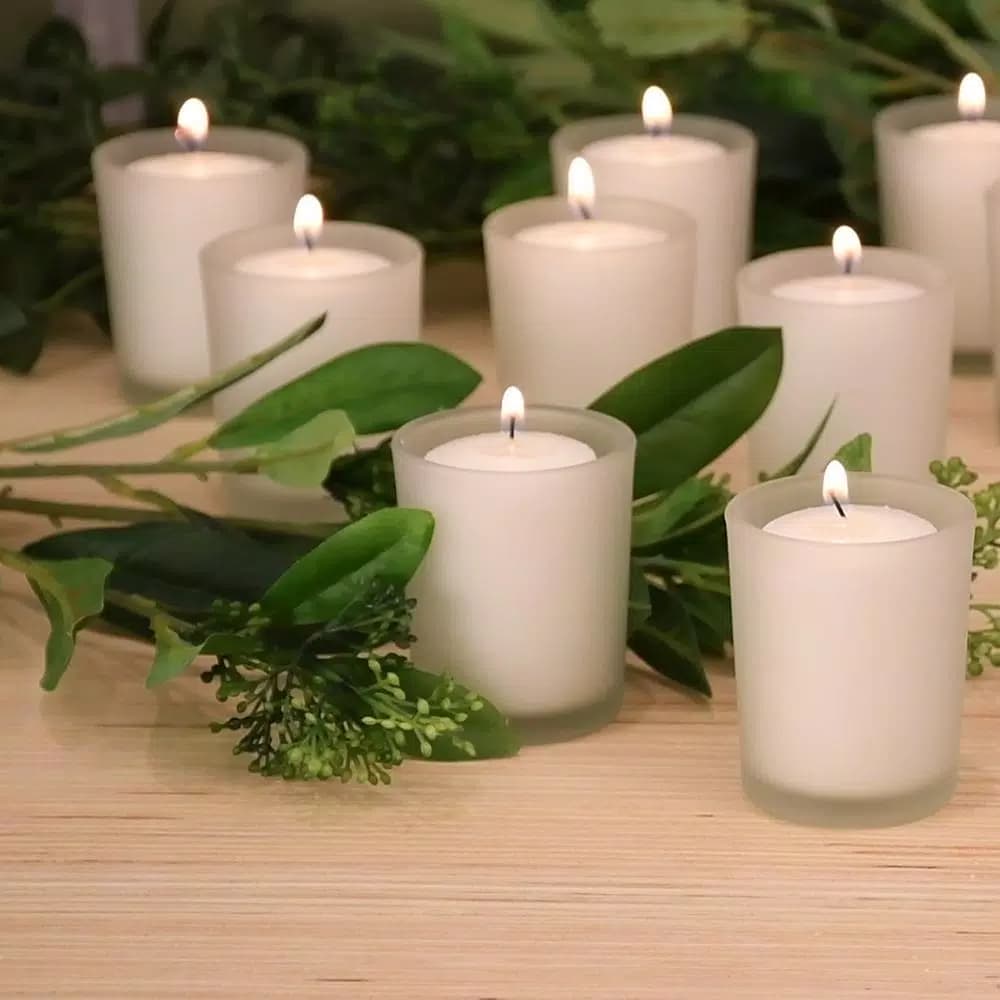 LUMABASE 12-Piece White Votive Candle Set with Frosted Glass Holders, 15-Hour Burn Time, Unscented Paraffin Wax