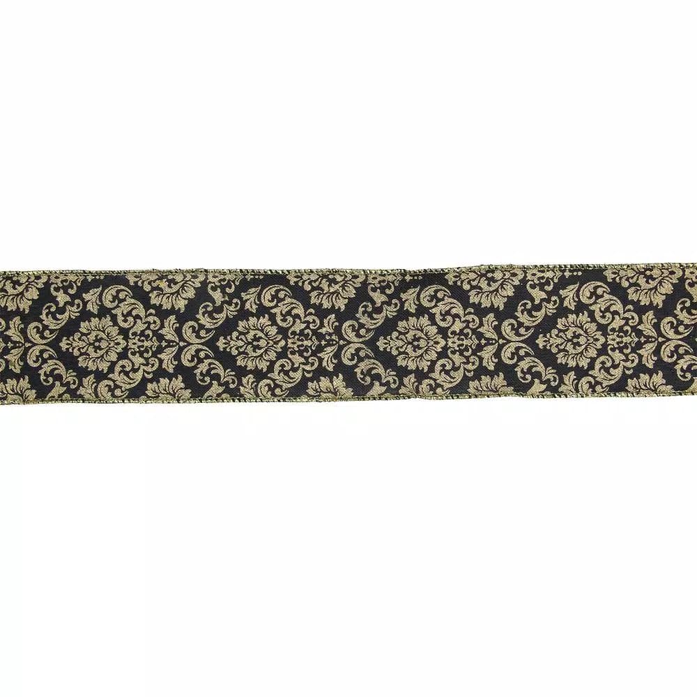 Northlight Black and Gold Damask Christmas Wired Craft Ribbon, 2.5 in. x 16 yds.