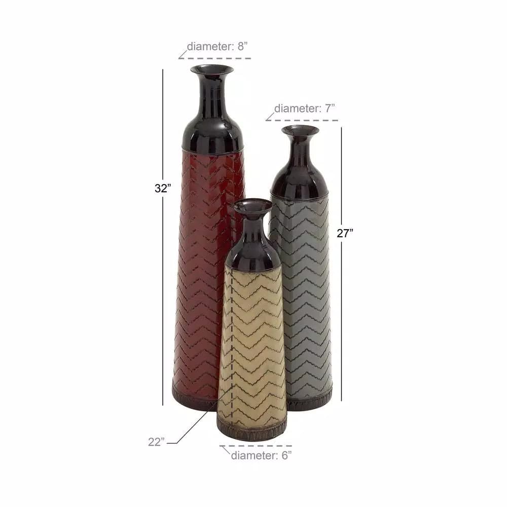 LITTON LANE Chevron Set of 3 Metal Decorative Floor Vases - Rustic Tin in Red, Brown, and Green