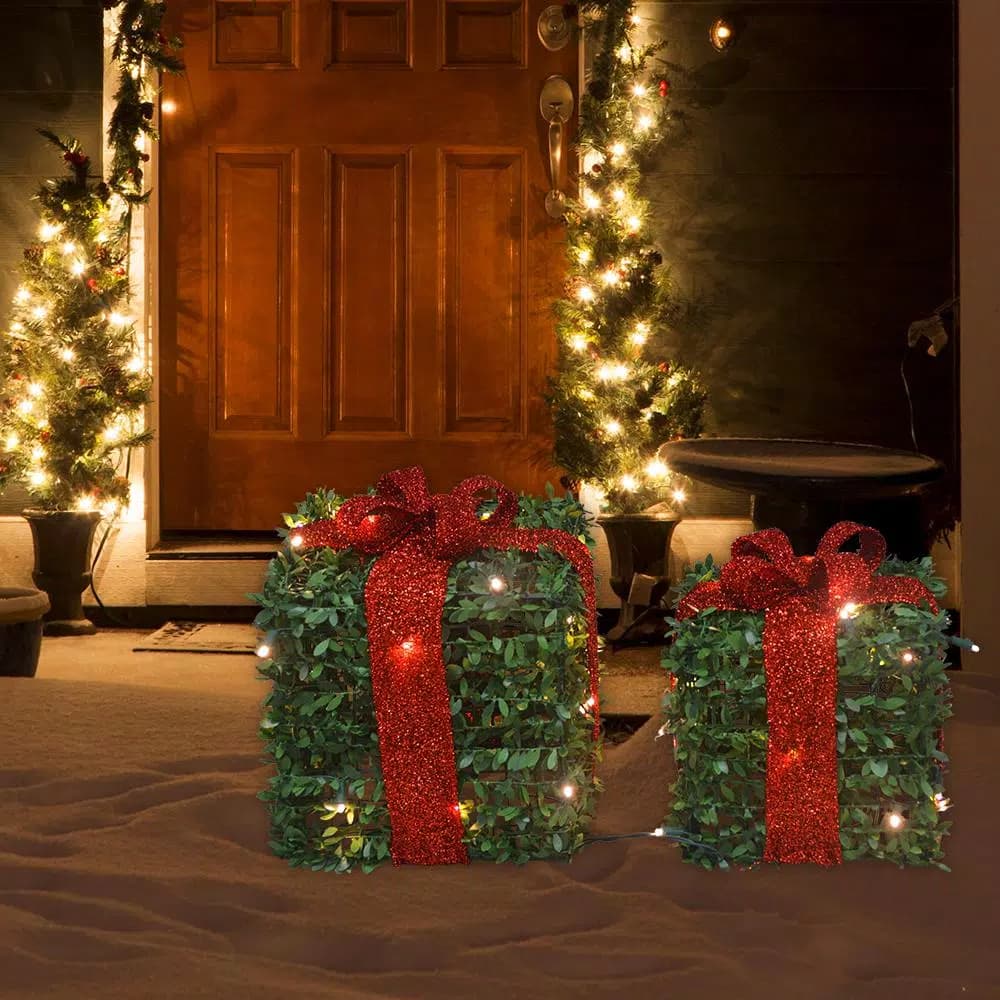 ProductWorks Pre-lit Faux Boxwood Topiary Present Christmas Decor Set, 45 LED Lights, Set of 2