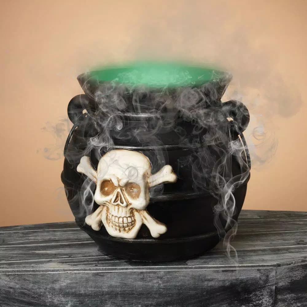 Unbranded 12.8 in. Multi-Color Changing Illuminated Smoking Witch's Cauldron with Skull and Crossbones