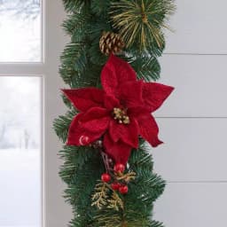 Home Accents Holiday Home Holiday Accents 17 ft. Burgundy Poinsettia Mixed Pine Garland with Berries and Gold Glitter Cedar thumbnail 5