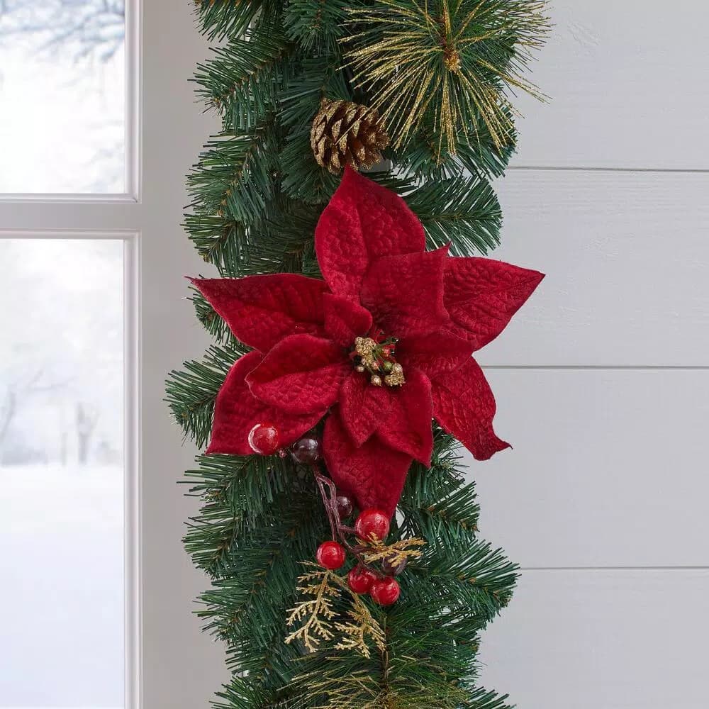 Home Accents Holiday Home Holiday Accents 17 ft. Burgundy Poinsettia Mixed Pine Garland with Berries and Gold Glitter Cedar