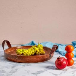 Mason Craft & More 19 in. Round Acacia Wood Serving Tray with Faux Leather Handles thumbnail 4