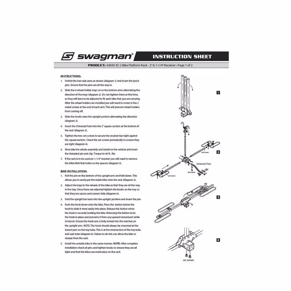 Swagman XC2 Platform Hitch Bike Rack - Carries 2 Bikes, 20-29 inch Wheels, 1-1/4 in. & 2 in. Hitch Receivers