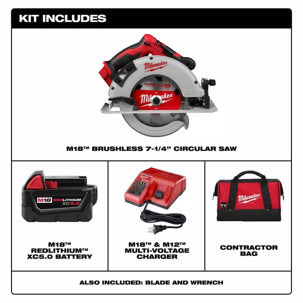 Milwaukee M18 7-1/4 in. Brushless Cordless Circular Saw Kit with 5.0 Ah Battery, Charger and Bag