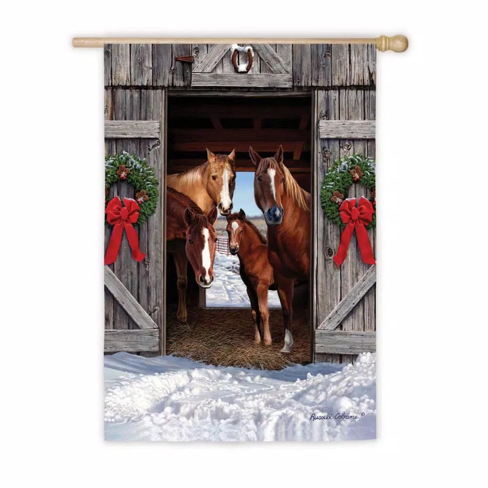 Evergreen 18 in. x 12.5 in. Horse Family Christmas Garden Suede Flag, Double-Sided