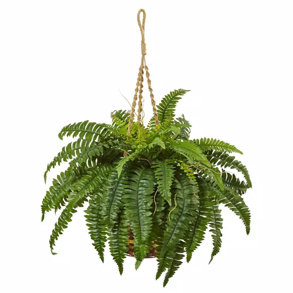 Nearly Natural 33 in. Boston Fern Artificial Hanging Plant in Brown Wicker Basket