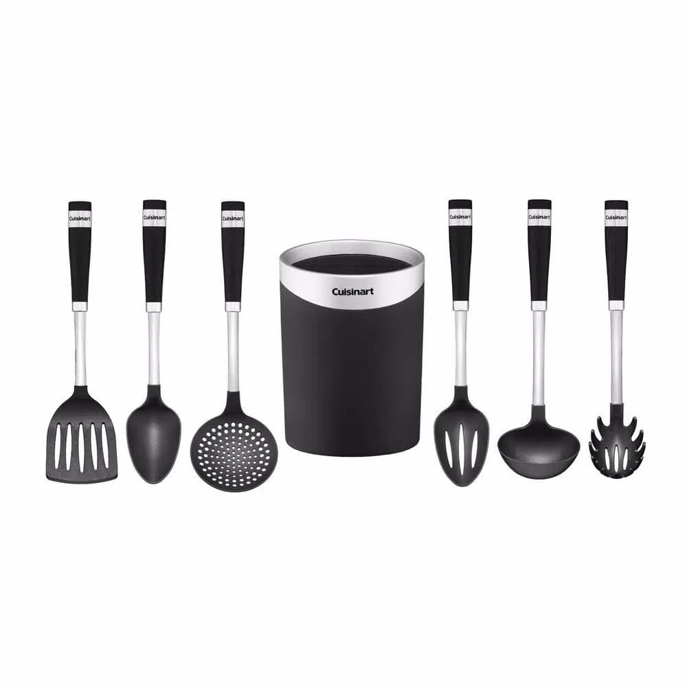 Cuisinart 7-Piece Stainless Steel Kitchen Utensil Set with Barrel Handle and Storage Crock