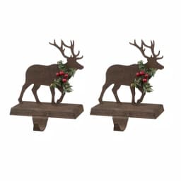 Glitzhome Wooden and Metal Reindeer Stocking Holder Set, 2-Pack Christmas Mantel Decor thumbnail 1