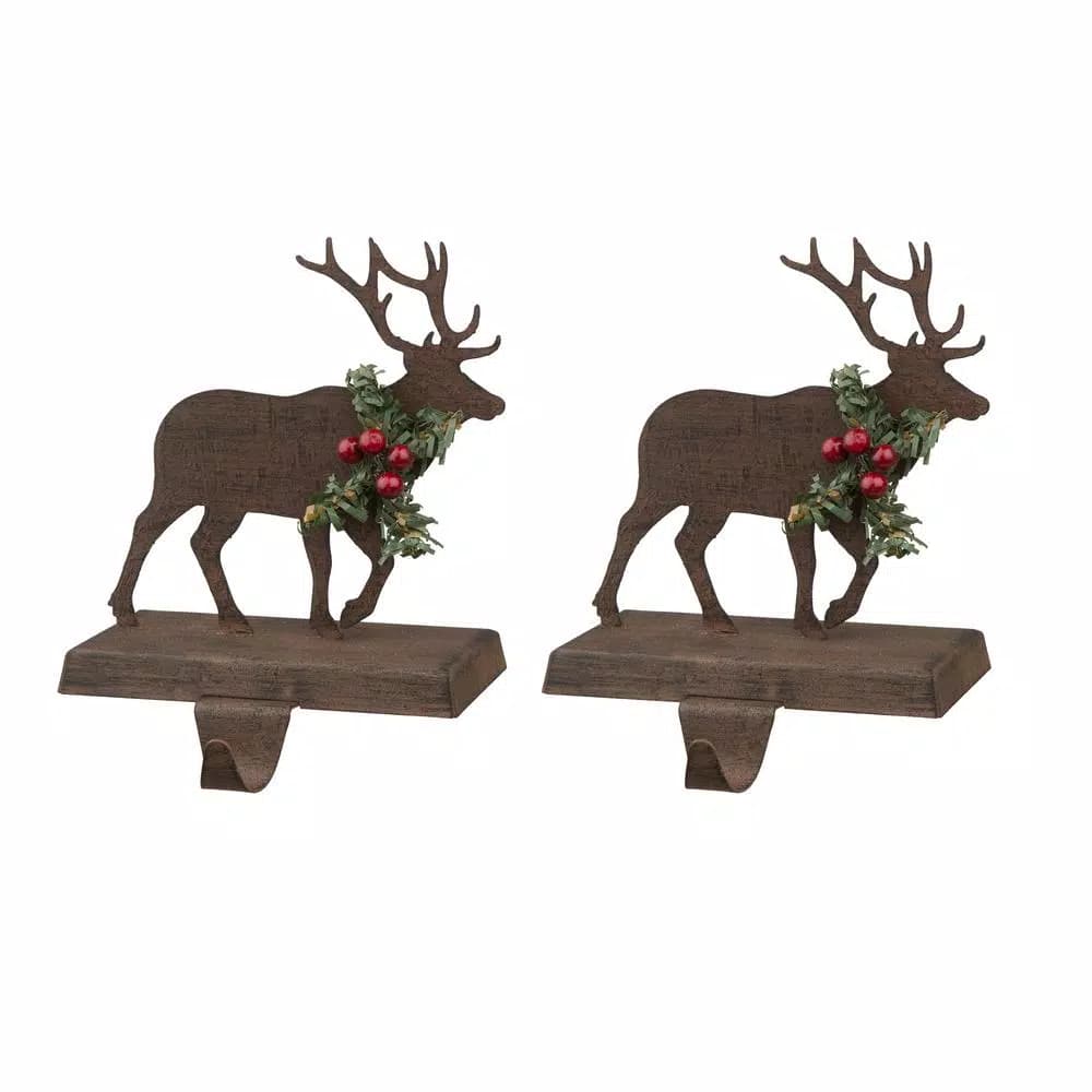 Glitzhome Wooden and Metal Reindeer Stocking Holder Set, 2-Pack Christmas Mantel Decor