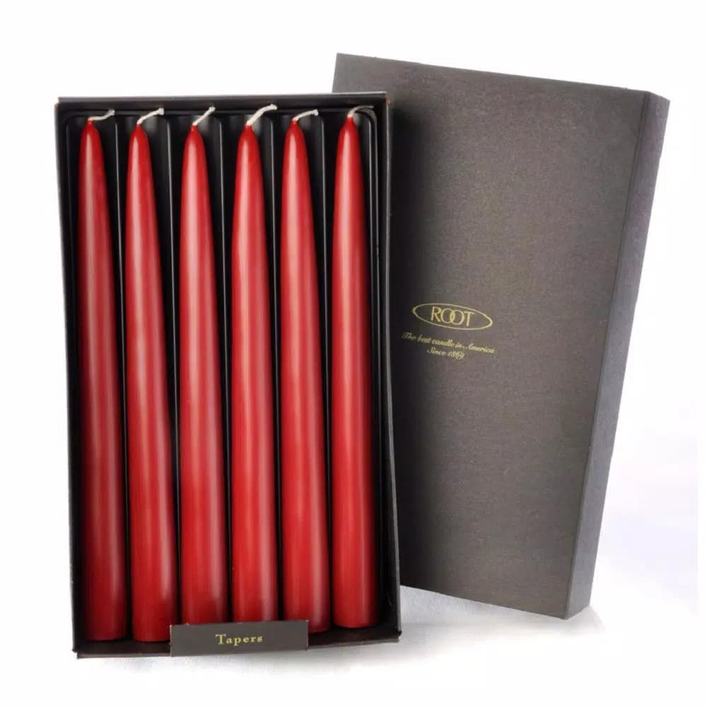 ROOT CANDLES A.I. Root 9 in. Dipped Taper Garnet Dinner Candles, Beeswax Enriched, Box of 12