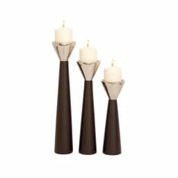 LITTON LANE Dark Brown Mango Wood and Silver Aluminum Conical Candle Holder Set of 3 thumbnail 2