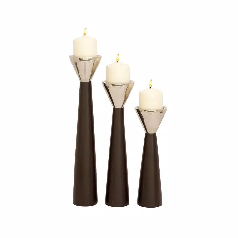LITTON LANE Dark Brown Mango Wood and Silver Aluminum Conical Candle Holder Set of 3