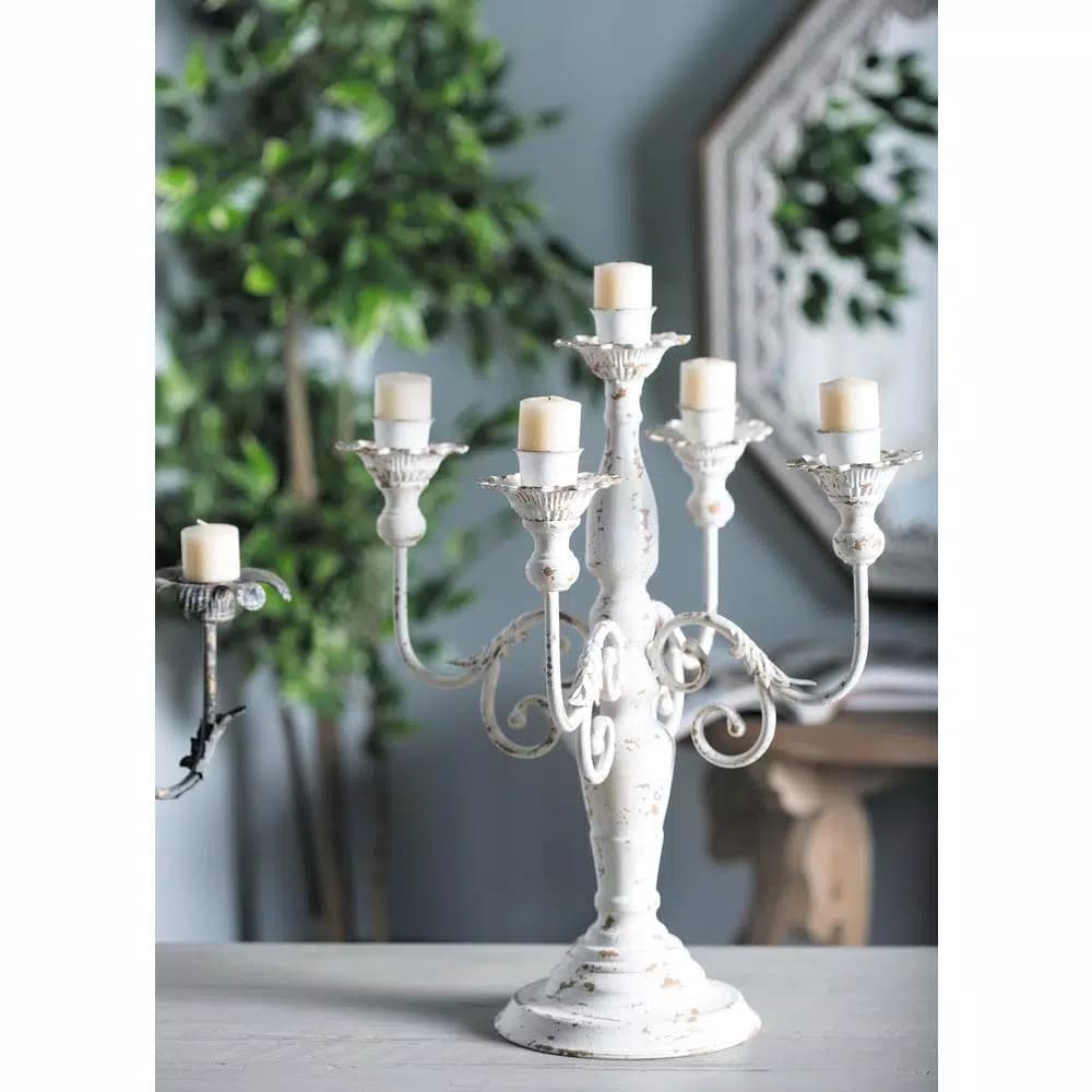 LITTON LANE Distressed White Iron Scroll 5-Light Candelabra Candle Holder